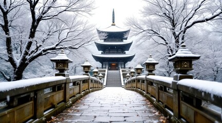 Obraz premium Snowy japanese pagoda and bridge in winter landscape