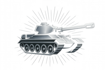 Metallic military tank graphic with radiant sunburst glow, transparent backdrop highlighting armored vehicle design