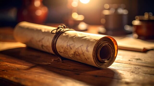 Rolled parchment paper on wooden table