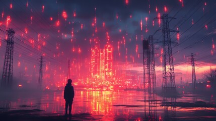 Man Stands at Edge of Flooded Cyberpunk City