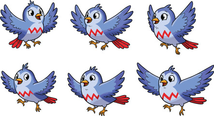 Cute blue cartoon bird flying with open wings, happy animal character, funny vector illustration for kids, adorable parrot drawing art