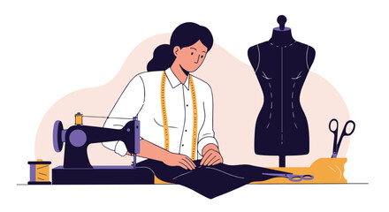 Seamstress Focused woman sewing with a sewing machine next to a mannequin and scissors