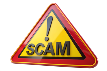 3D Rendered Warning Sign: Red and Yellow Scam Alert Triangle. on transparent background 