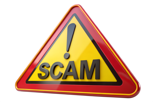 3D Rendered Warning Sign: Red and Yellow Scam Alert Triangle. on transparent background 