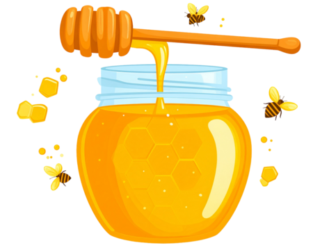 Honey pot illustration, pouring liquid from dipper, cartoon bees flying, black background, usable design element - Powered by Adobe