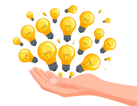 Hand holding bright lightbulbs, illustrating idea generation, creative concept on black background, for innovation