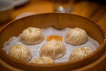 High resolution close up color image of Asian dumplings dish served in the traditional dish