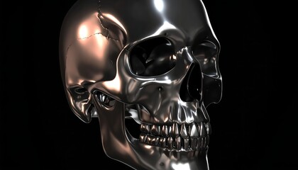 Highly polished, metallic skull, angled three-quarters view against a black background