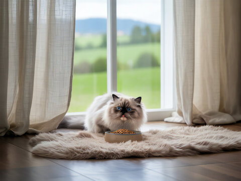 Fluffy ragdoll cat with blue eyes lounging on a soft rug by a sunlit window with a picturesque green landscape view - Powered by Adobe