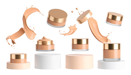 Cosmetic jars and creamy splashes floating against a black backdrop, highlighting makeup