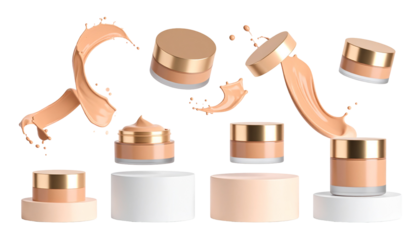 Cosmetic jars and creamy splashes floating against a black backdrop, highlighting makeup