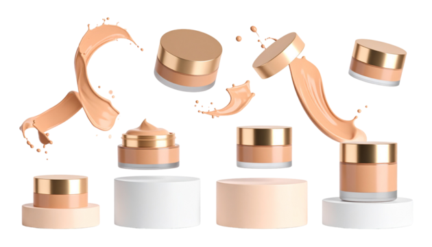 Cosmetic jars and creamy splashes floating against a black backdrop, highlighting makeup