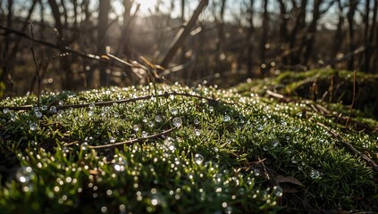 Dew-Kissed Moss: A macro shot captures glistening water droplets clinging to verdant moss, creating a scene of nature's delicate beauty and freshness, under the soft rays of the sun.