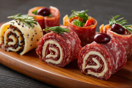 Gourmet meat and cheese rolls with olives and herbs