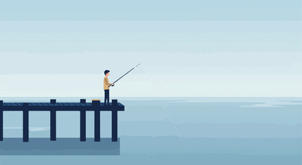 Naklejka premium Fisherman on pier with fishing pole in blue water backdrop with layered sky