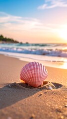 Obraz premium Pink seashell rests on sandy beach at sunset, gentle waves lapping shore