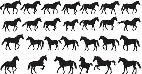 Horse walking trotting running silhouette collection, black stallion poses set, equine motion vector illustration, wild animal gait sequence, horse graphic art