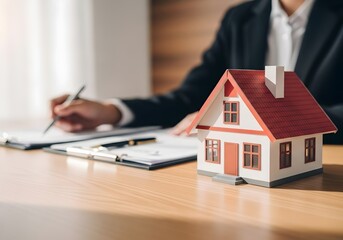 Real Estate Deal House Model on Desk, Agent Signing Contract, Home Investment, Property Purchase, Housing Market, Real Estate Concept