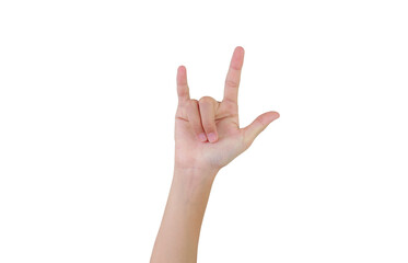 Naklejka premium I love you sign fingers isolated on white studio background. Finger hand girl with clipping path.