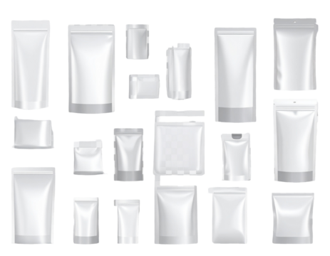Array of diverse white pouches, offering varied sizes & shapes, plain surfaces