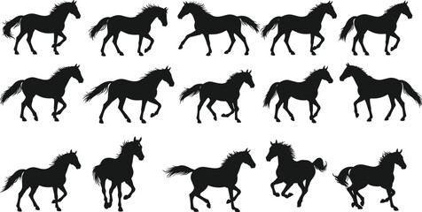 Running horse silhouette vector set, galloping stallion art sequence, black equine motion poses, wild horse gait cycle, animal movement illustration design