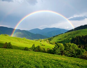 Naklejka premium Lush green valley with a vibrant rainbow arching over rolling hills and mountains under a partly cloudy sky