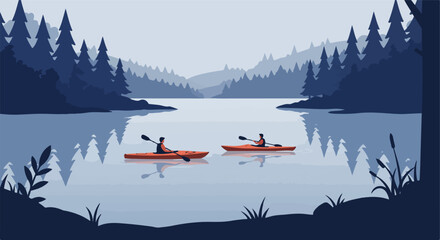 Two kayakers paddle a serene lake surrounded by a stylized forest landscape