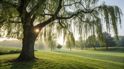 Fototapeta premium Sunlight filters through weeping willow branches in a misty morning landscape