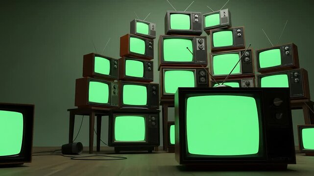 Pile of Vintage Televisions Stacked on Top of Each Other With Green Screens Against Olive Green Background and Wooden Floor