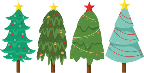 Set of colorful decorated Christmas trees with ornaments and stars, isolated on white background