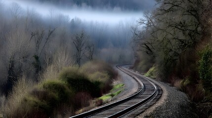 Foggy railway tracks winding through a wooded landscape.