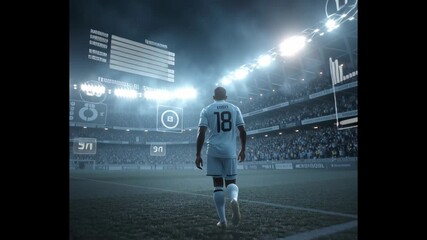 A dramatic and realistic animation of a full-body professional male soccer player slowly walking out from the players' tunnel toward the football pitch. With only the number 18 on his back. As he walk - Powered by Adobe