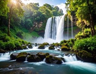 Lush greenery surrounds a cascading waterfall, its water flowing smoothly into a rocky stream