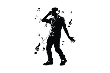 Fototapeta premium stylish elegant modern detailed professional high quality Dynamic Silhouette of a Man Dancing in Headphones Surrounded by Musical Notes in a Bold Black and White Composition