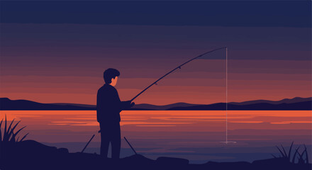 Silhouette fisher on lake during dusk, mountains in background, calm waters