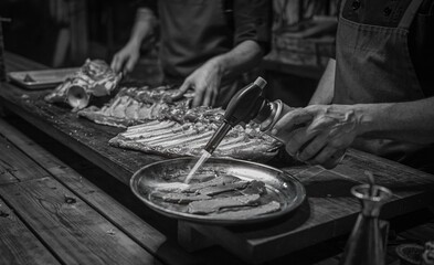 High resolution image of Tuna fish preparation using a gas torch- Israel