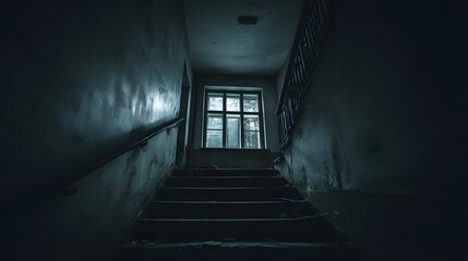 Dark, decaying staircase in an abandoned building.