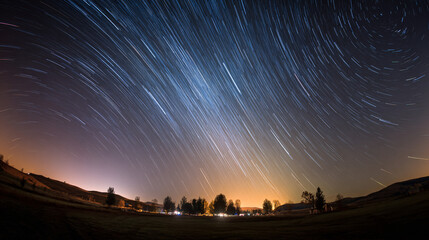 Star trails forming double spirals in a velvet sky with glowing meteors, showcasing cosmic beauty.Double spiral star trails across a velvet night sky, accented by glowing meteor streaks.