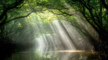 Sunlight streams through a lush mangrove forest.