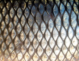 Naklejka premium Mysterious Scales: A close-up view of a fish's scales, revealing intricate patterns and textures that spark curiosity about underwater life.