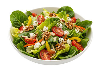 Fresh garden salad with strawberries walnuts and feta cheese isolated on transparent background