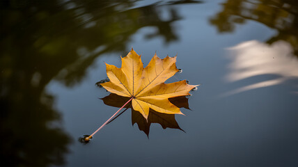 Obraz premium A single yellow maple leaf floats on the calm surface of a pond, with reflections in the water.