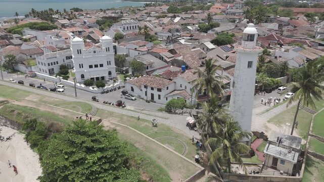 4K drone footage showcasing Galle Fort and the beautiful Sri Lankan coastline showcasing the historic streets, the iconic lighthouse, and sweeping ocean views from above.
