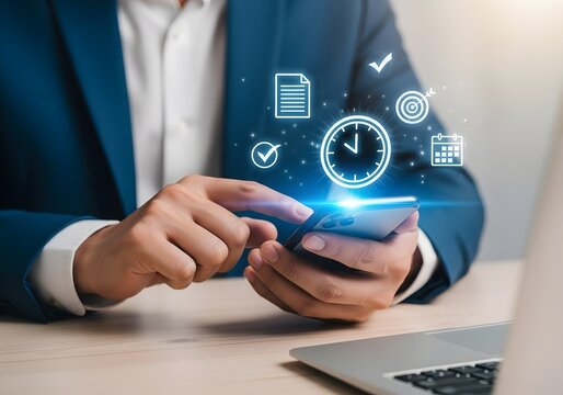Businessman Using Mobile Phone for Task Management and Scheduling with Digital Icons, Optimizing Productivity and Efficiency
