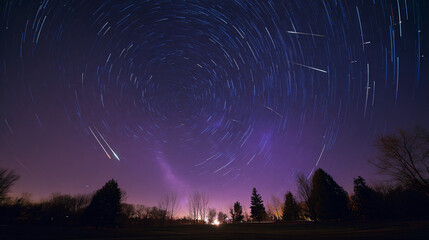 Star trails forming double spirals in a velvet sky with glowing meteors, showcasing cosmic beauty.Double spiral star trails across a velvet night sky, accented by glowing meteor streaks.