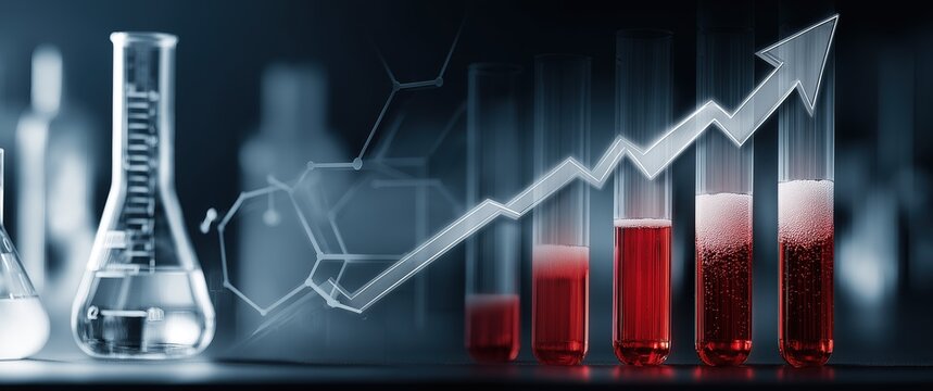 Financial growth meets science: upward stock chart with chemical bonds and lab equipment in dramatic blue lighting.