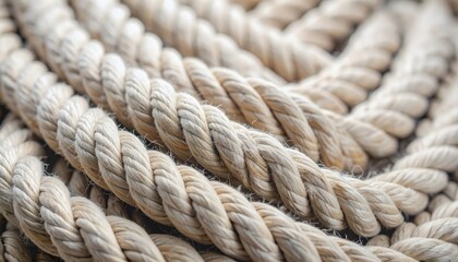 Fototapeta premium Tight close-up of rugged thick rope texture in warm tones.