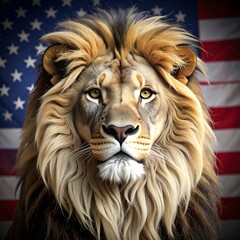 Fototapeta premium Majestic lion portrait, fierce gaze, against an American flag backdrop