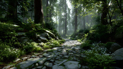 Sunlit Forest Path Green Foliage, Stone Pathway, and Lush Vegetation