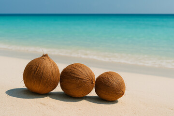 Beachside wide-angle of coconuts resting on white sand with turquoise ocean background.